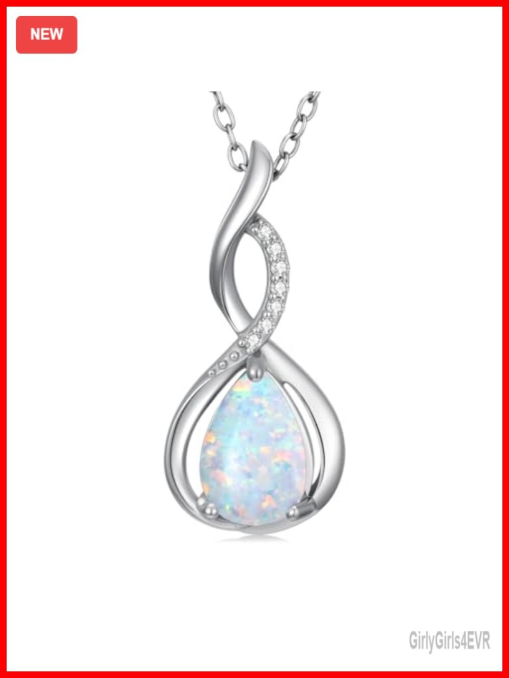925 Sterling Silver Opal Teardrop Pendant Necklace with Lab Diamond October